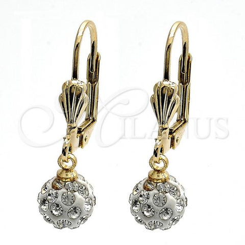 Oro Laminado Dangle Earring, Gold Filled Style Ball Design, with White Crystal, White Enamel Finish, Golden Finish, 5.120.016