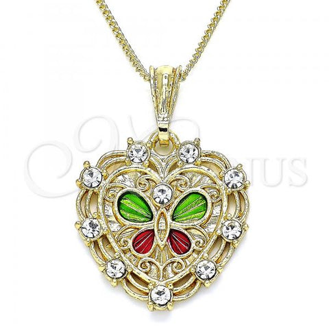 Oro Laminado Pendant Necklace, Gold Filled Style Heart and Butterfly Design, with White Crystal, Polished, Tricolor, 04.351.0015.20