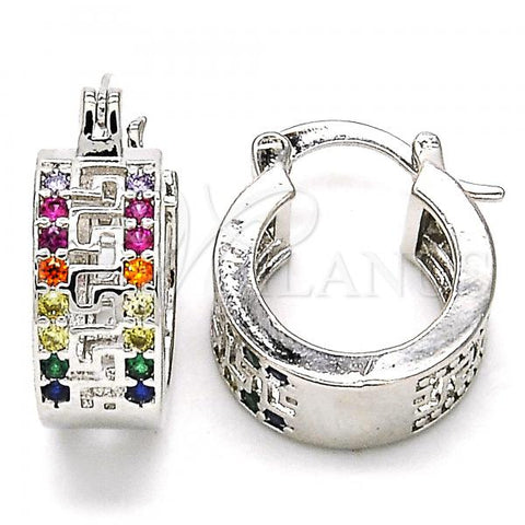 Rhodium Plated Small Hoop, Greek Key Design, with Multicolor Cubic Zirconia, Polished, Rhodium Finish, 02.210.0292.7.15
