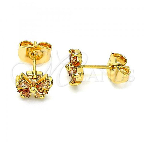Oro Laminado Stud Earring, Gold Filled Style Flower Design, with Dark Champagne Cubic Zirconia, Polished, Golden Finish, 02.310.0069
