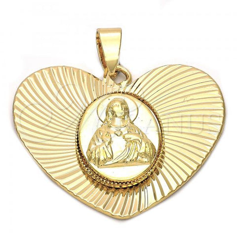 Oro Laminado Religious Pendant, Gold Filled Style Sagrado Corazon de Jesus Design, Diamond Cutting Finish, Golden Finish, 5.195.008