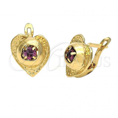 Oro Laminado Leverback Earring, Gold Filled Style Heart Design, with Dark Violet Cubic Zirconia, Diamond Cutting Finish, Golden Finish, 5.127.052.1