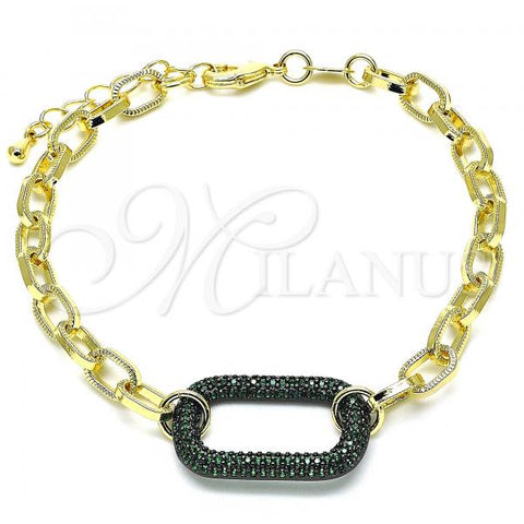 Oro Laminado Fancy Bracelet, Gold Filled Style Paperclip Design, with Green Micro Pave, Polished, Black Rhodium Finish, 03.341.0052.4.07
