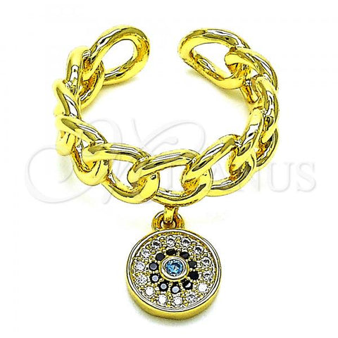 Oro Laminado Multi Stone Ring, Gold Filled Style Curb Design, with Blue Topaz and Black Micro Pave, Polished, Golden Finish, 01.341.0087