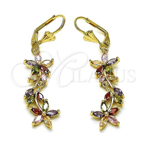 Oro Laminado Long Earring, Gold Filled Style Flower and Leaf Design, with Multicolor Cubic Zirconia, Polished, Golden Finish, 02.210.0837.2