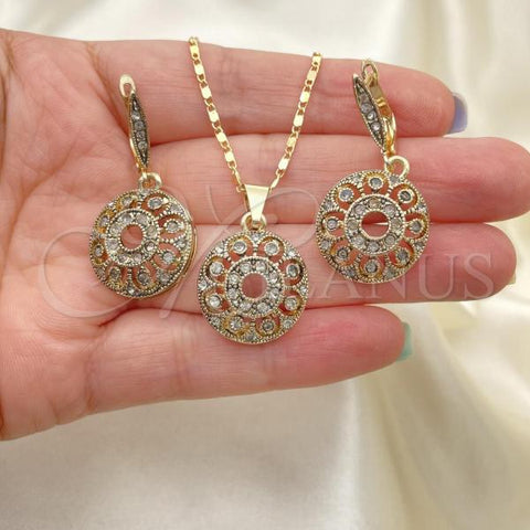 Oro Laminado Earring and Pendant Adult Set, Gold Filled Style Flower Design, with White Crystal, Polished, Golden Finish, 10.314.0006.1