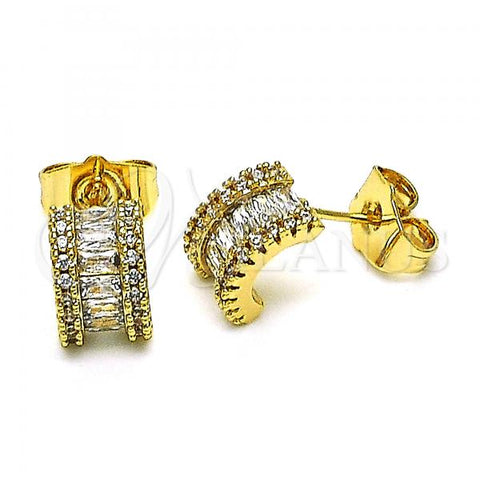 Oro Laminado Long Earring, Gold Filled Style with White Cubic Zirconia and White Micro Pave, Polished, Golden Finish, 02.283.0045