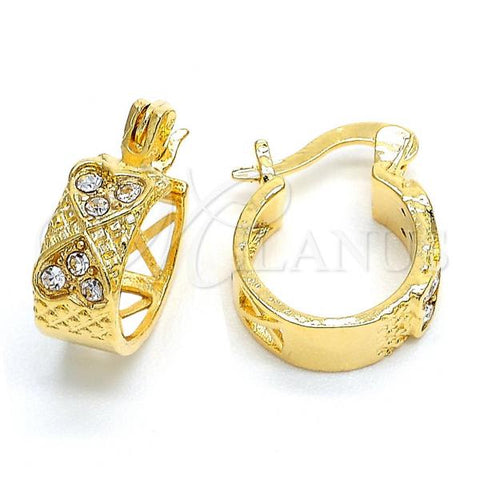 Oro Laminado Huggie Hoop, Gold Filled Style Heart Design, with White Crystal, Diamond Cutting Finish, Golden Finish, 02.168.0031