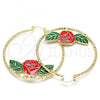 Oro Laminado Large Hoop, Gold Filled Style Flower Design, Red Enamel Finish, Golden Finish, 02.380.0007.50