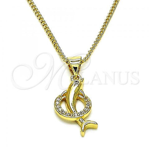 Oro Laminado Pendant Necklace, Gold Filled Style Dolphin Design, with White Micro Pave, Polished, Golden Finish, 04.156.0463.20