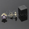 Oro Laminado Stud Earring, Gold Filled Style Flower Design, with White Crystal, Purple Enamel Finish, Golden Finish, 02.64.0322 *PROMO*