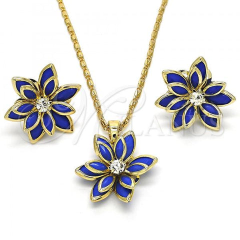 Oro Laminado Earring and Pendant Adult Set, Gold Filled Style Flower Design, with Sapphire Blue and White Crystal, Polished, Golden Finish, 10.64.0155.2