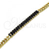 Oro Laminado Fancy Bracelet, Gold Filled Style Baguette and Miami Cuban Design, with Black Cubic Zirconia, Polished, Golden Finish, 03.283.0093.1.07