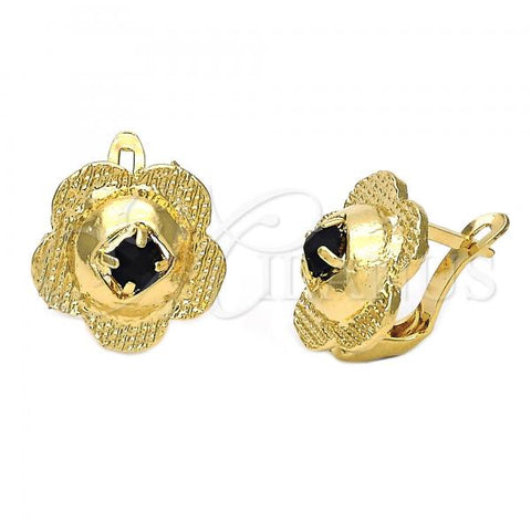 Oro Laminado Leverback Earring, Gold Filled Style Flower Design, with Black Cubic Zirconia, Diamond Cutting Finish, Golden Finish, 5.127.051.1
