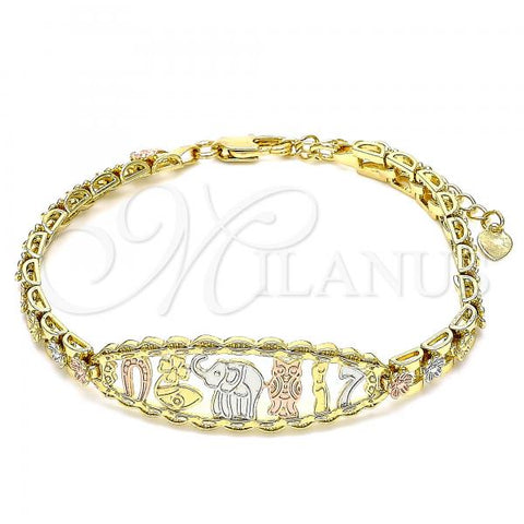 Oro Laminado Fancy Bracelet, Gold Filled Style Elephant and Owl Design, Polished, Tricolor, 03.380.0073.07