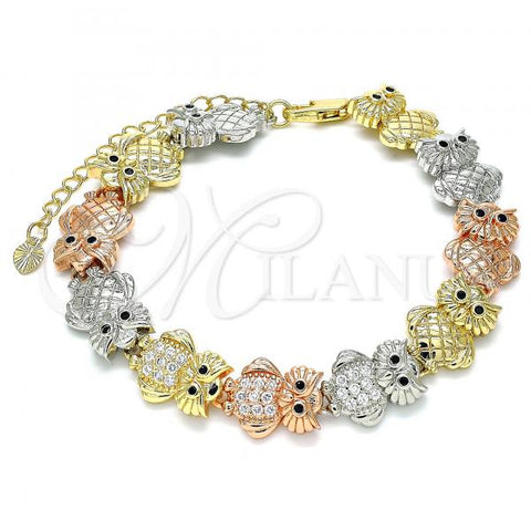 Oro Laminado Fancy Bracelet, Gold Filled Style Owl Design, with White and Black Micro Pave, Polished, Tricolor, 03.380.0015.07