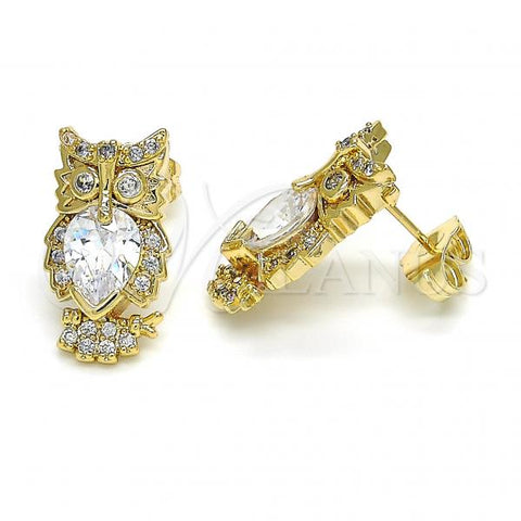 Oro Laminado Stud Earring, Gold Filled Style Owl Design, with White Cubic Zirconia, Polished, Golden Finish, 02.210.0161