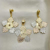 Oro Laminado Earring and Pendant Adult Set, Gold Filled Style Flower Design, Tricolor, 5.048.007