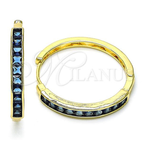 Oro Laminado Huggie Hoop, Gold Filled Style Baguette Design, with Sapphire Blue Cubic Zirconia, Polished, Golden Finish, 02.210.0106.14.35