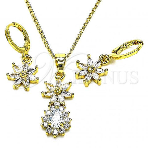 Oro Laminado Earring and Pendant Adult Set, Gold Filled Style Flower and Teardrop Design, with White Cubic Zirconia, Polished, Golden Finish, 10.316.0065