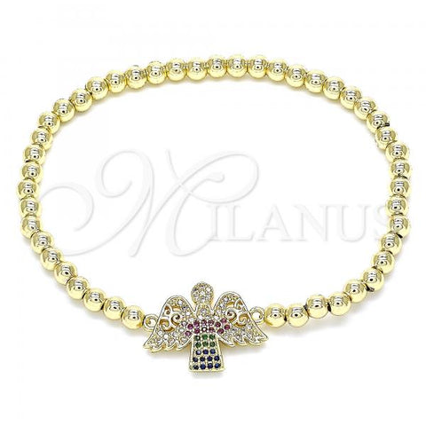 Oro Laminado Fancy Bracelet, Gold Filled Style Expandable Bead and Angel Design, with Multicolor Micro Pave, Polished, Golden Finish, 03.299.0052.07