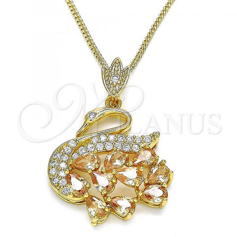 Oro Laminado Pendant Necklace, Gold Filled Style Swan Design, with Champagne and White Cubic Zirconia, Polished, Golden Finish, 04.283.0016.1.20