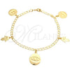 Oro Laminado Charm Bracelet, Gold Filled Style Evil Eye and Hand of God Design, Polished, Golden Finish, 03.58.0053.07