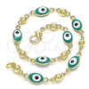 Oro Laminado Fancy Bracelet, Gold Filled Style Evil Eye Design, Green Enamel Finish, Golden Finish, 03.213.0033.5.08