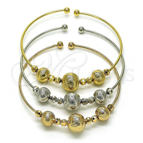 Oro Laminado Trio Bangle, Gold Filled Style Ball and Disco Design, Diamond Cutting Finish, Tricolor, 07.170.0016