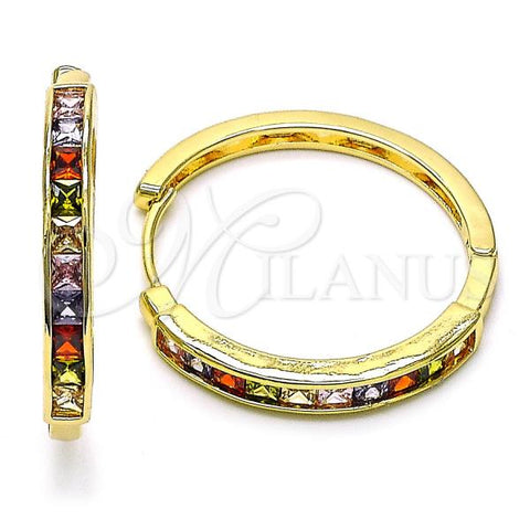 Oro Laminado Huggie Hoop, Gold Filled Style Baguette Design, with Multicolor Cubic Zirconia, Polished, Golden Finish, 02.210.0106.1.35