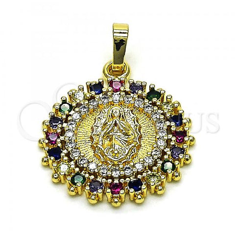 Oro Laminado Religious Pendant, Gold Filled Style Altagracia Design, with Multicolor Cubic Zirconia and White Micro Pave, Polished, Golden Finish, 05.284.0004