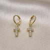 Oro Laminado Dangle Earring, Gold Filled Style Cross Design, with White Cubic Zirconia, Polished, Golden Finish, 02.213.0542