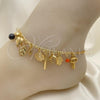 Oro Laminado Charm Anklet , Gold Filled Style Elephant and Heart Design, with Black Azavache, Polished, Golden Finish, 03.58.0069.10