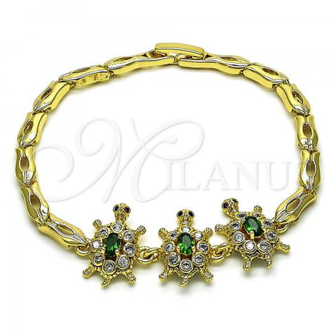 Oro Laminado Fancy Bracelet, Gold Filled Style Turtle and Fish Design, with Green and White Cubic Zirconia, Polished, Golden Finish, 03.284.0024.07