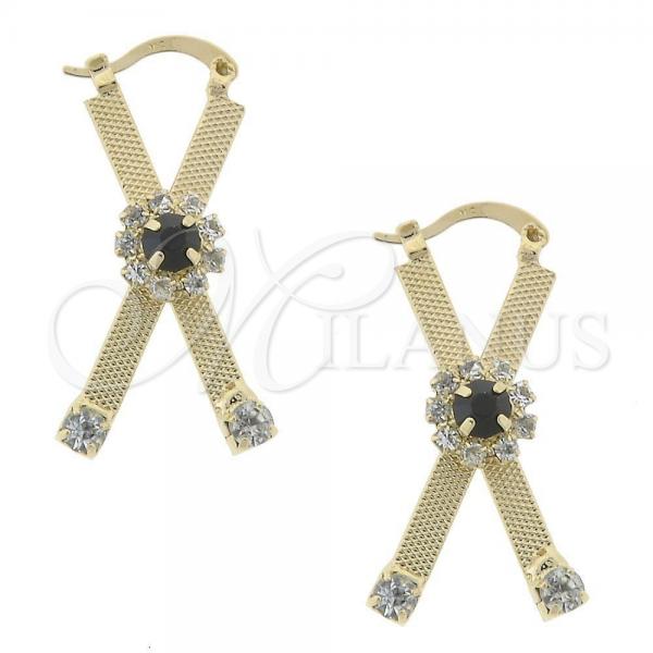 Oro Laminado Medium Hoop, Gold Filled Style Flower Design, with Black and White Cubic Zirconia, Diamond Cutting Finish, Golden Finish, 02.63.1448