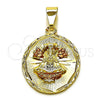 Oro Laminado Religious Pendant, Gold Filled Style Caridad del Cobre Design, Diamond Cutting Finish, Tricolor, 05.120.0098