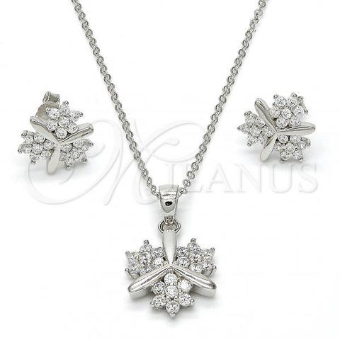 Sterling Silver Earring and Pendant Adult Set, Flower Design, with White Cubic Zirconia, Polished, Rhodium Finish, 10.281.0006