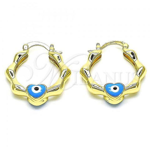 Oro Laminado Small Hoop, Gold Filled Style Heart and Evil Eye Design, Light Blue Enamel Finish, Golden Finish, 02.213.0443.25