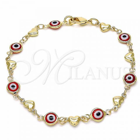Oro Laminado Fancy Bracelet, Gold Filled Style Evil Eye and Heart Design, Red Resin Finish, Golden Finish, 03.326.0008.1.08