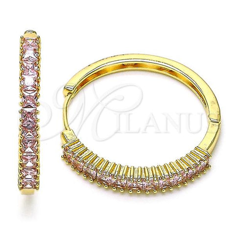 Oro Laminado Huggie Hoop, Gold Filled Style Baguette Design, with Pink Cubic Zirconia, Polished, Golden Finish, 02.210.0105.13.35