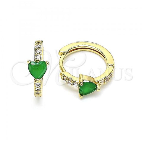Oro Laminado Huggie Hoop, Gold Filled Style Heart Design, with Green Cubic Zirconia and White Micro Pave, Polished, Golden Finish, 02.210.0482.2.15