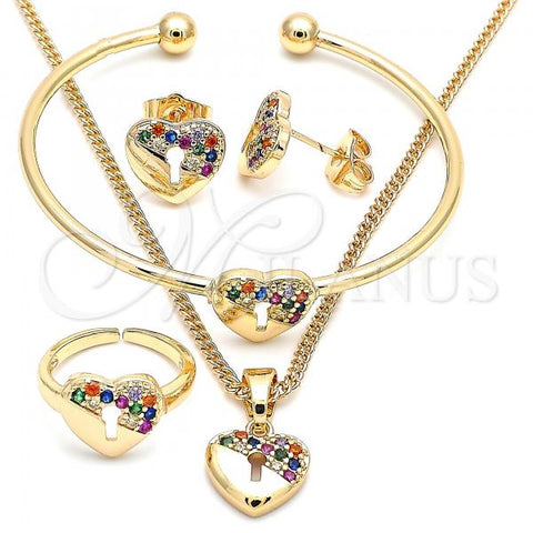 Oro Laminado Earring and Pendant Children Set, Gold Filled Style Heart and Lock Design, with Multicolor Micro Pave, Polished, Golden Finish, 06.210.0026.1