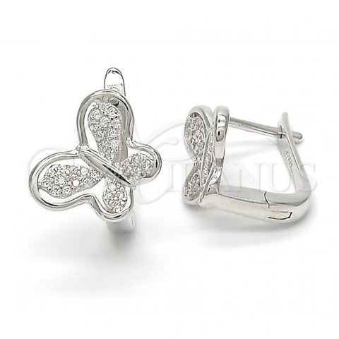 Sterling Silver Huggie Hoop, Butterfly Design, with White Micro Pave, Polished, Rhodium Finish, 02.175.0195.15