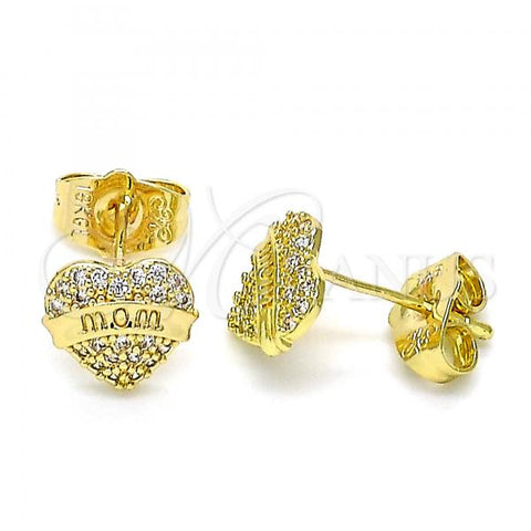 Oro Laminado Stud Earring, Gold Filled Style Mom and Heart Design, with White Micro Pave, Polished, Golden Finish, 02.156.0630