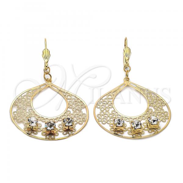 Oro Laminado Dangle Earring, Gold Filled Style Flower Design, with White Cubic Zirconia, Diamond Cutting Finish, Golden Finish, 89.001