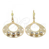 Oro Laminado Dangle Earring, Gold Filled Style Flower Design, with White Cubic Zirconia, Diamond Cutting Finish, Golden Finish, 89.001