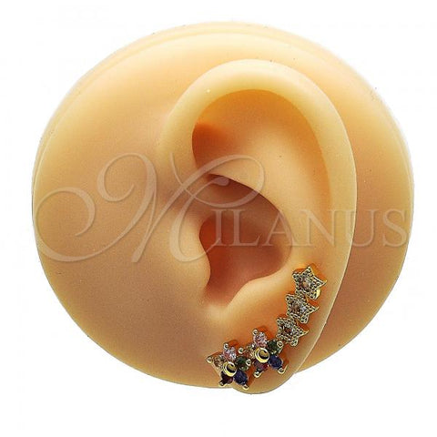 Oro Laminado Earcuff Earring, Gold Filled Style Flower and Star Design, with Multicolor Micro Pave and White Cubic Zirconia, Polished, Golden Finish, 02.210.0698.1