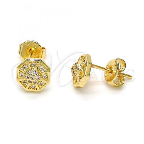 Oro Laminado Stud Earring, Gold Filled Style Flower Design, with White Micro Pave, Polished, Golden Finish, 02.156.0052