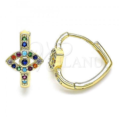 Oro Laminado Huggie Hoop, Gold Filled Style Evil Eye Design, with Sapphire Blue Cubic Zirconia and Multicolor Micro Pave, Polished, Golden Finish, 02.210.0583.1.20