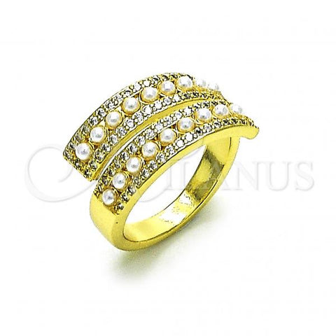 Oro Laminado Multi Stone Ring, Gold Filled Style with White Micro Pave and Ivory Pearl, Polished, Golden Finish, 01.341.0095